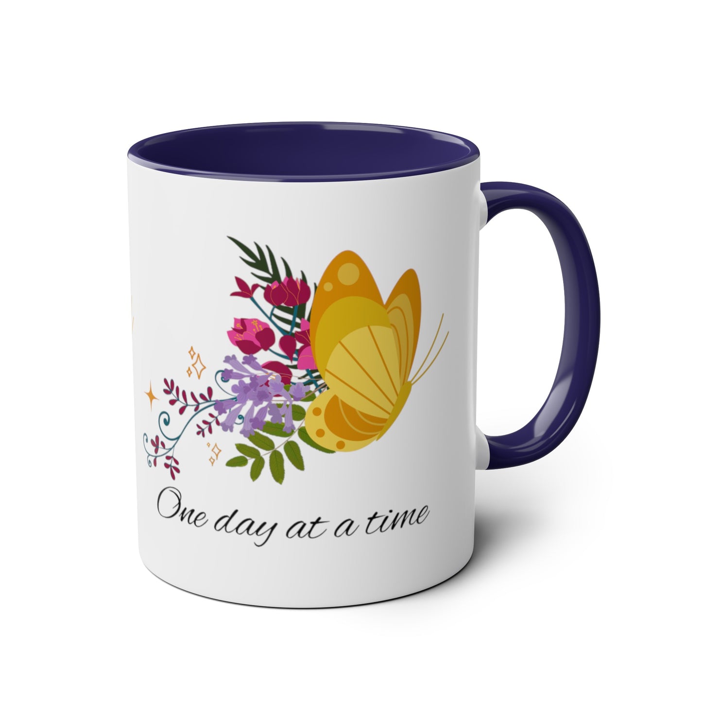 One day at a time butterfly cup // Two-Tone Coffee Mug, 11oz, positive affirmation, empower your day, well-being