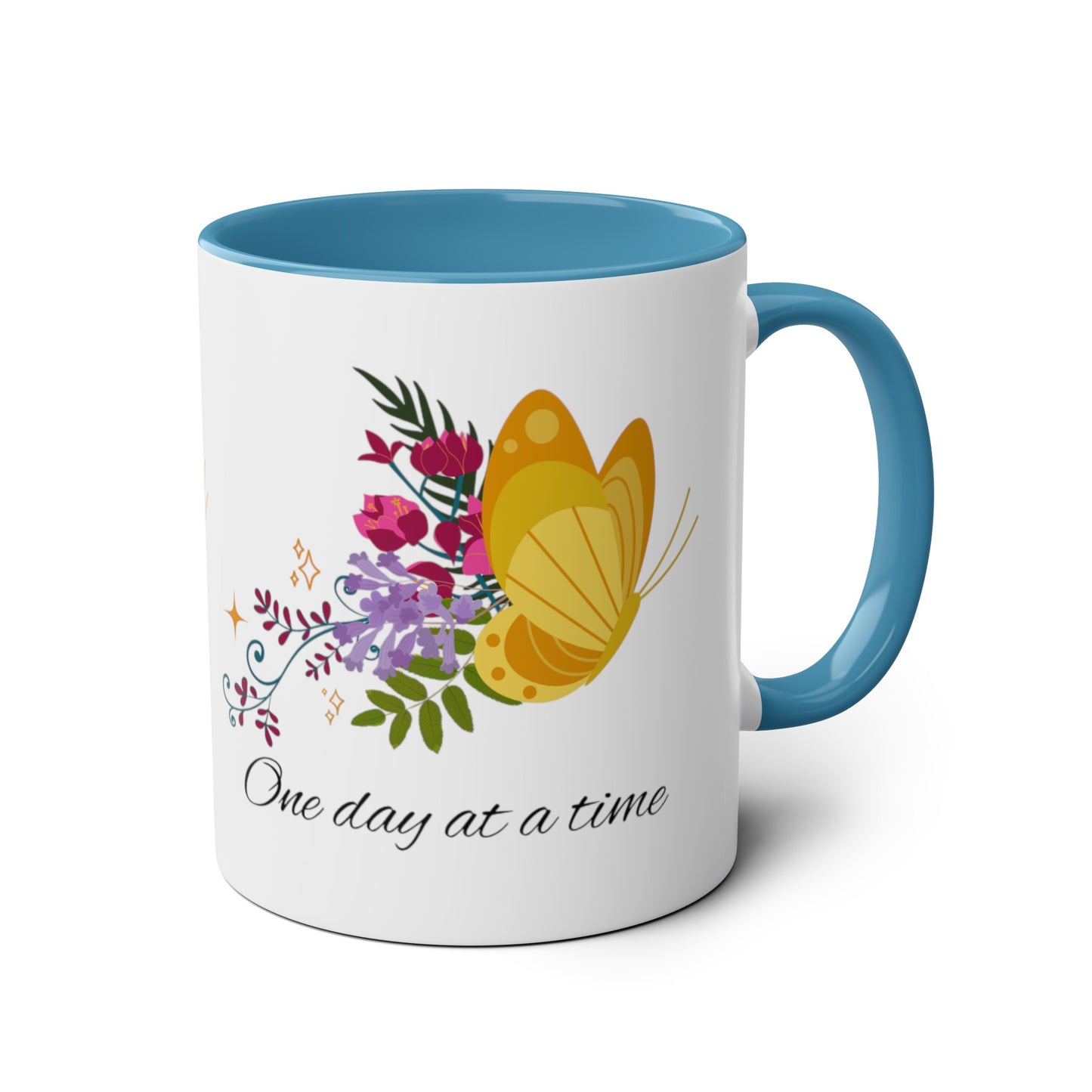 One day at a time butterfly cup // Two-Tone Coffee Mug, 11oz, positive affirmation, empower your day, well-being