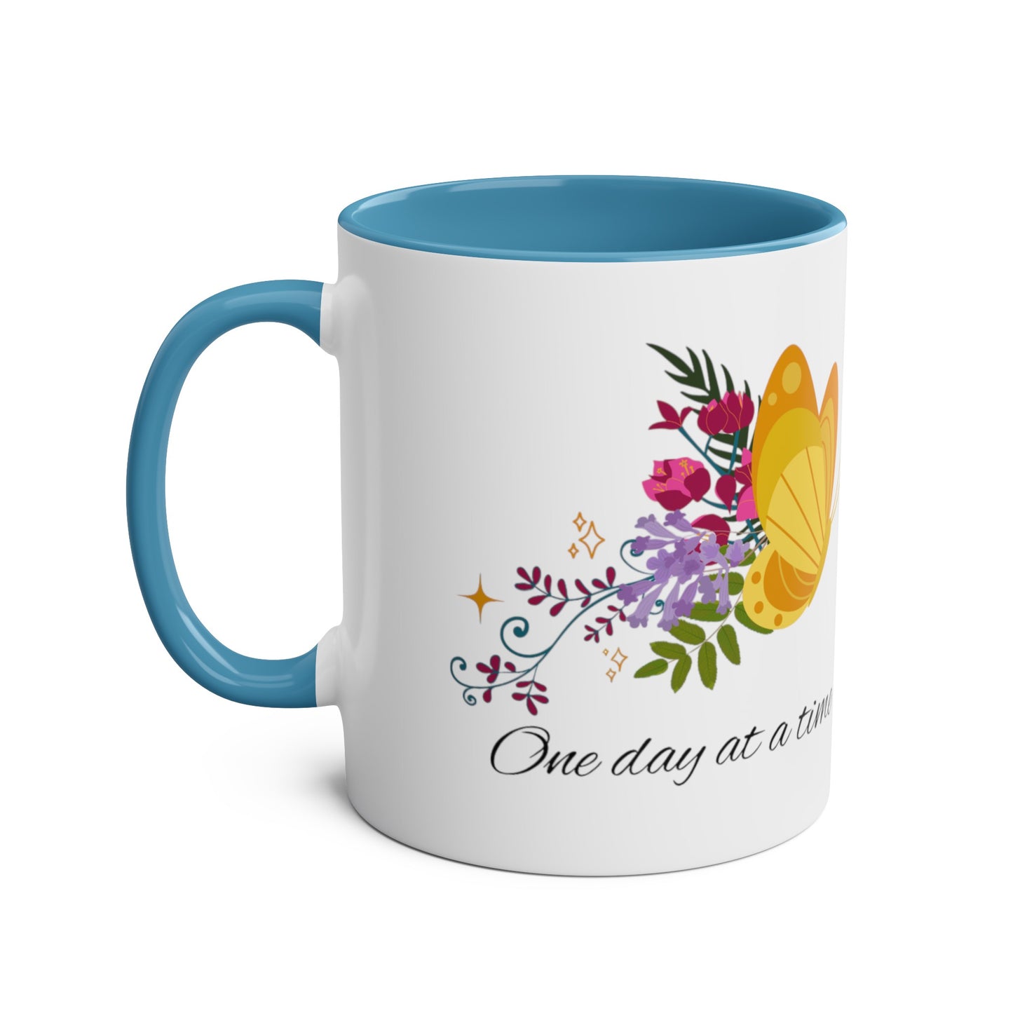 One day at a time butterfly cup // Two-Tone Coffee Mug, 11oz, positive affirmation, empower your day, well-being