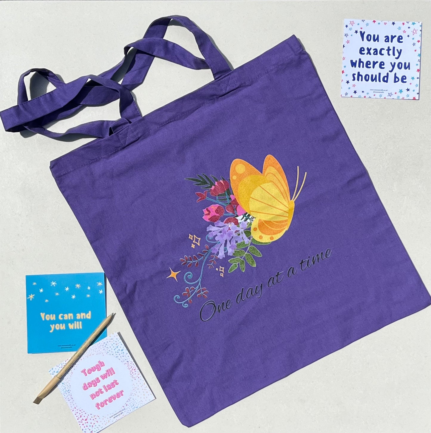 One day at a time Cotton Tote Bag // Positive, motivational affirmation. Handy lightweight colourful bag