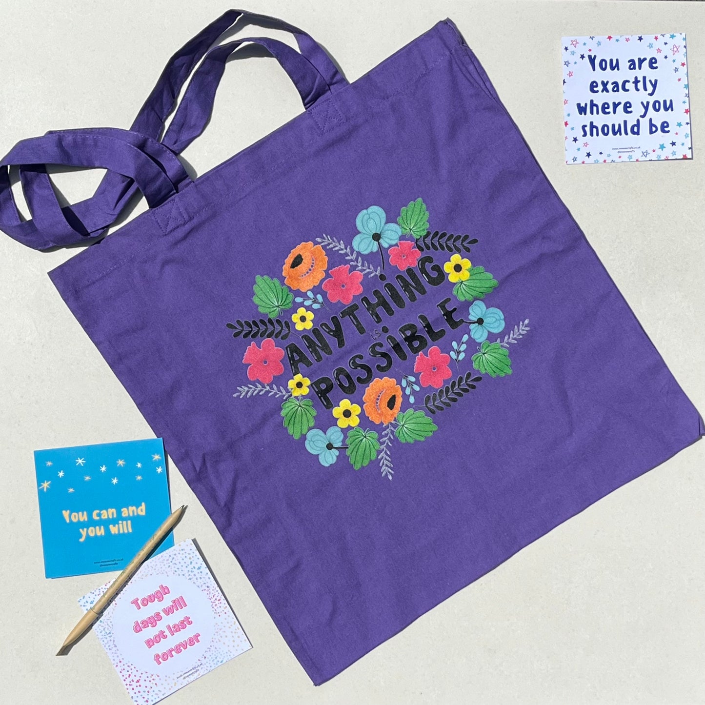 Anything is possible Cotton Tote Bag // Positive, motivational affirmation. Handy lightweight colourful bag