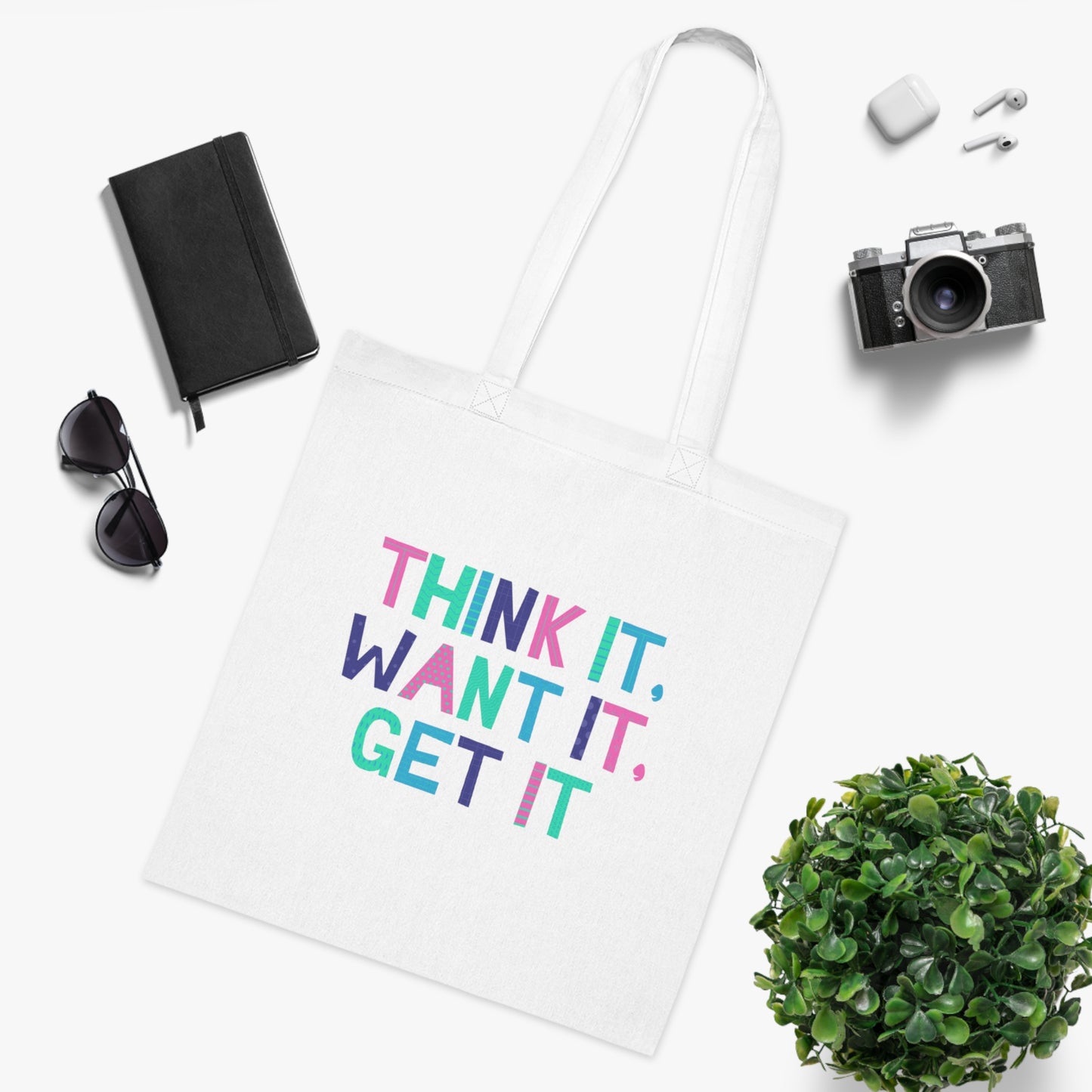 Think it, want it, get it Cotton Tote Bag // Positive, motivational affirmation. Handy lightweight colourful bag