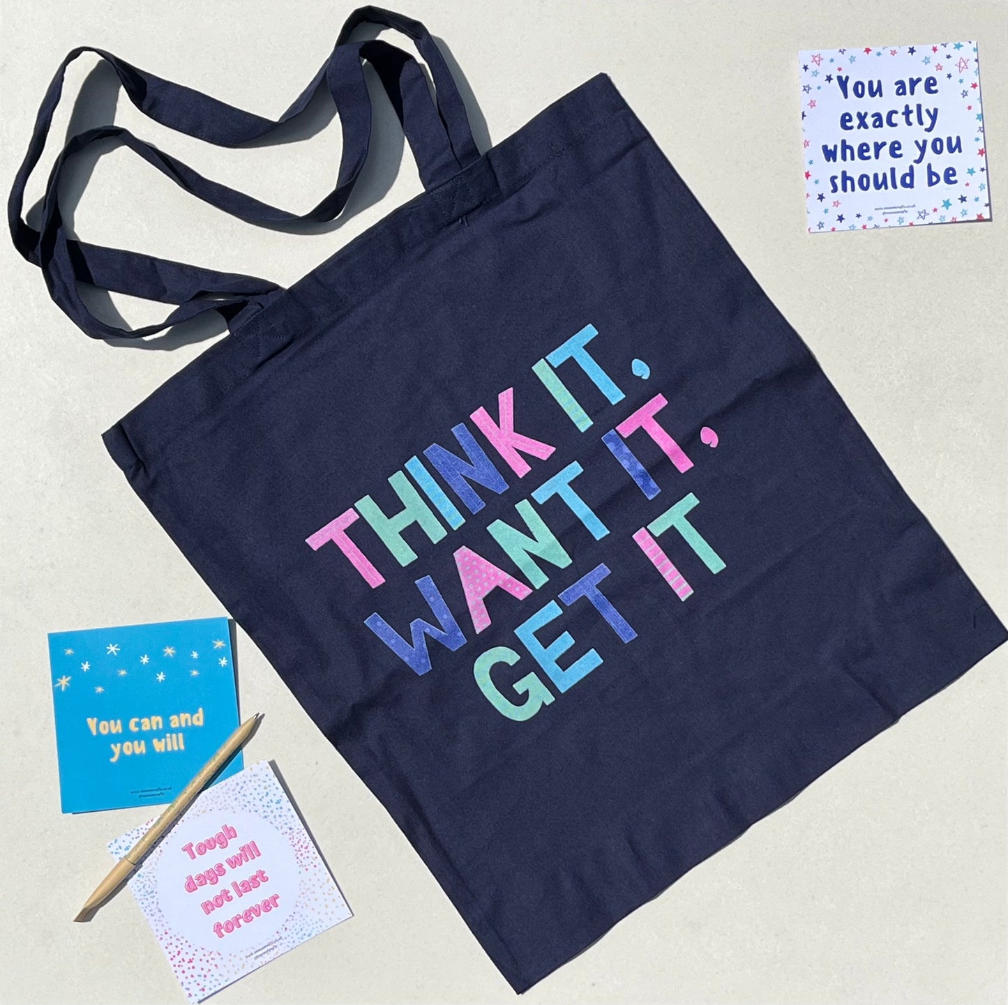 Think it, want it, get it Cotton Tote Bag // Positive, motivational affirmation. Handy lightweight colourful bag