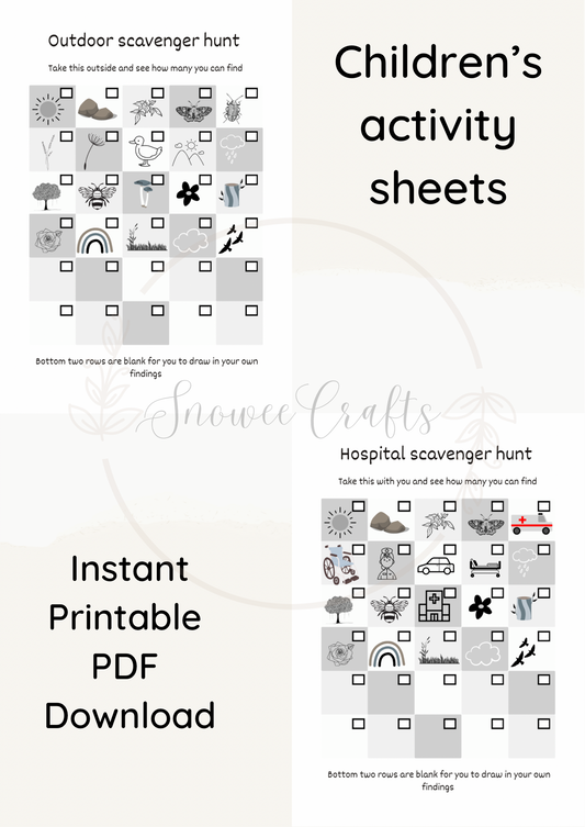 Printable children’s activity sheets - scavenger and ABCs