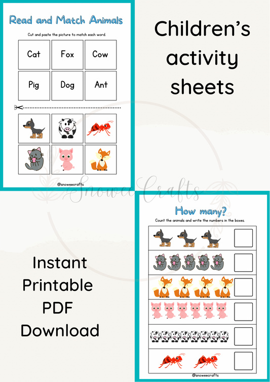 Printable children’s activity sheets - animal theme