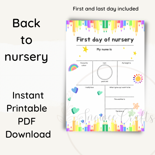 A4 Back to nursery instant PDF download //  Printable, First and last day of nursery